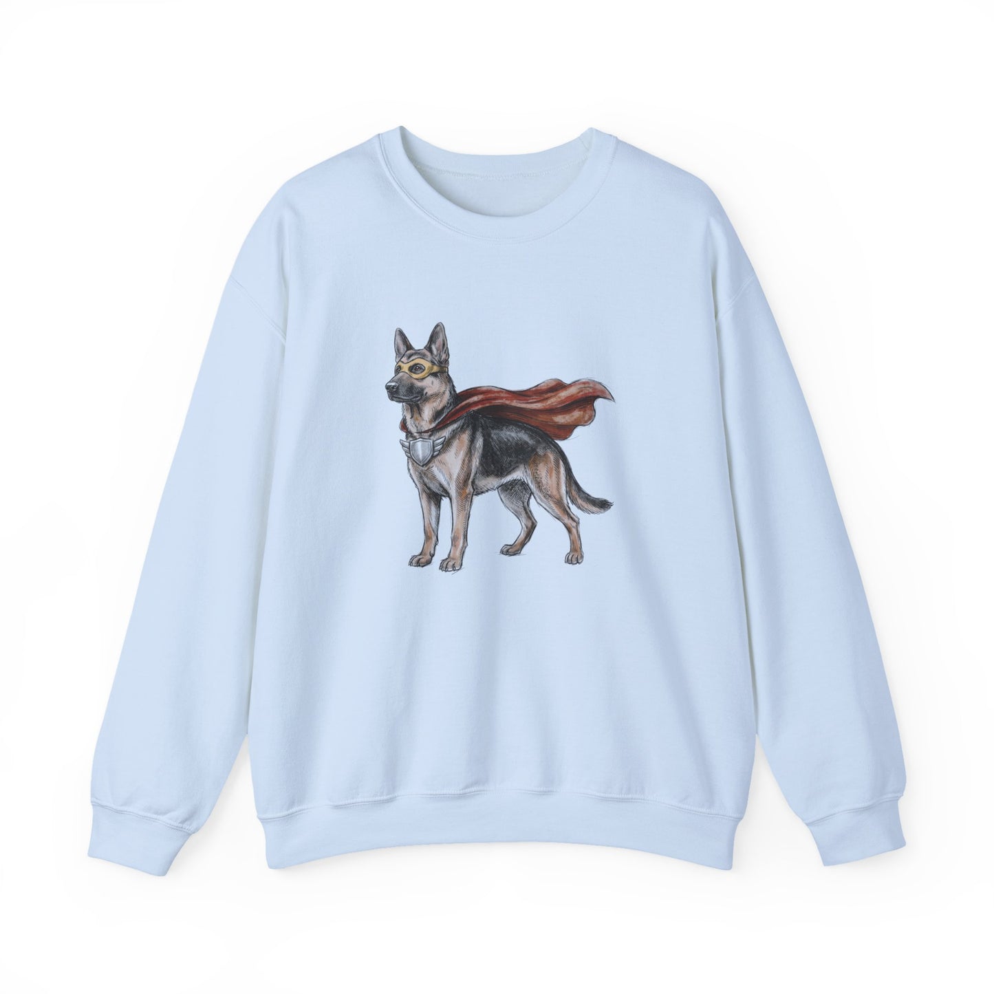 German Shepherd Superhero Crewneck Sweatshirt Light Blue