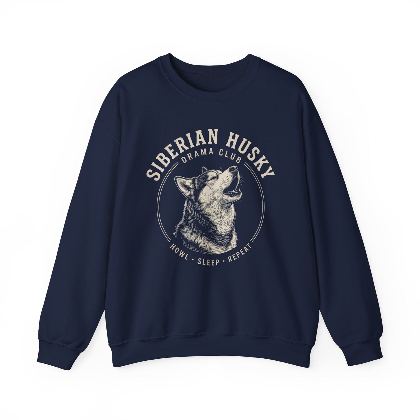 Siberian Husky Drama Club Crewneck Sweatshirt Navy