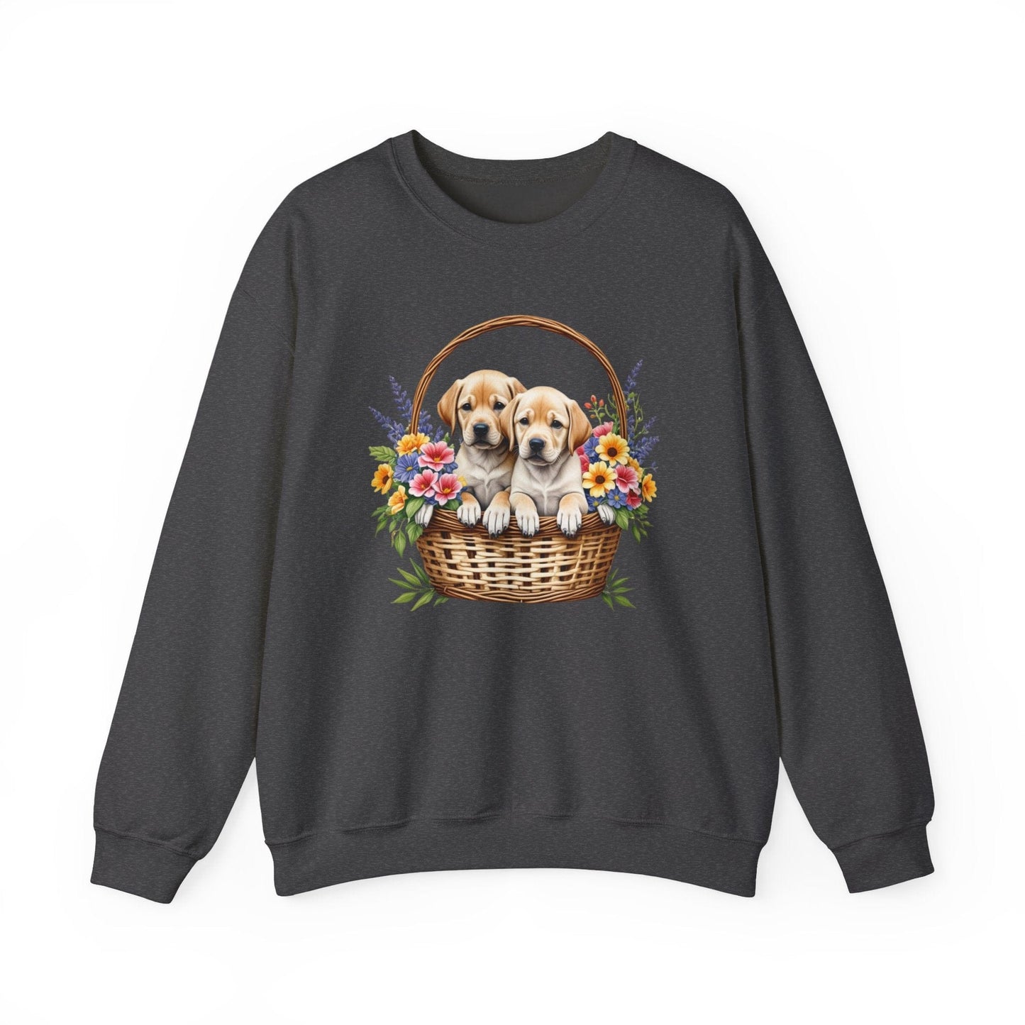 Labrador Puppies in Basket Crewneck Sweatshirt Dark Heather