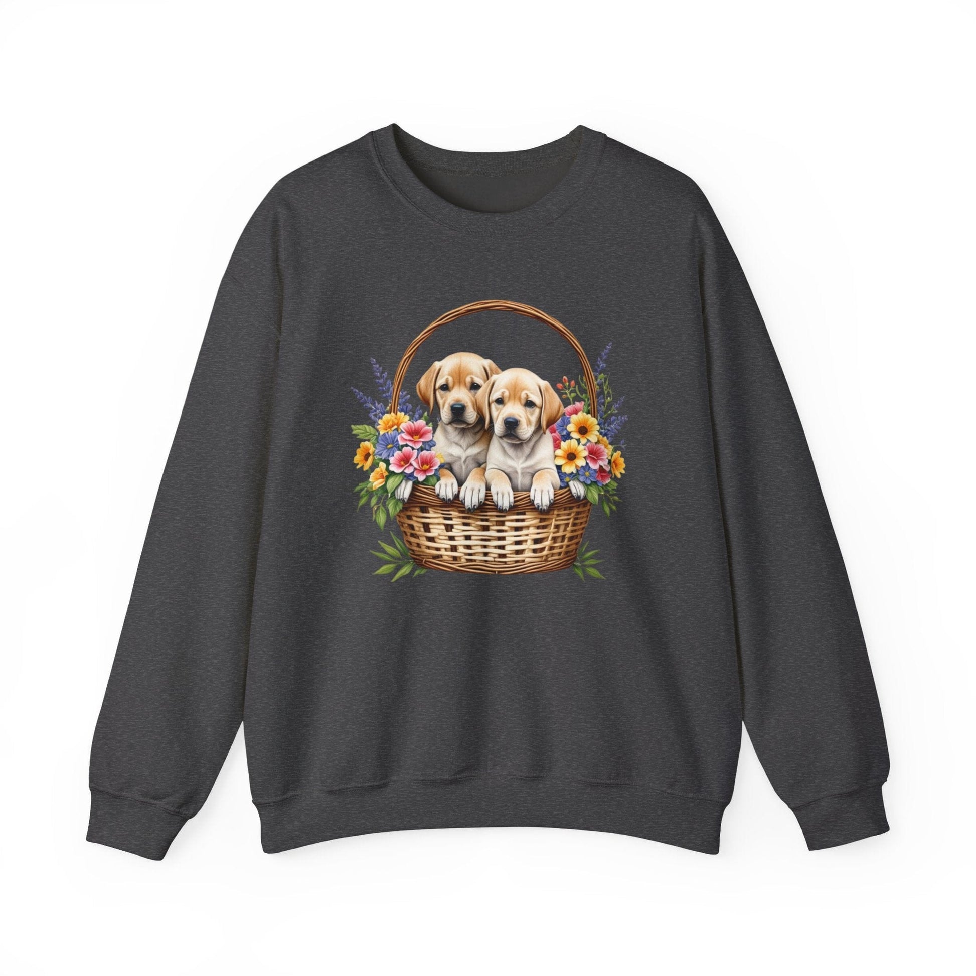 Labrador Puppies in Basket Crewneck Sweatshirt Dark Heather