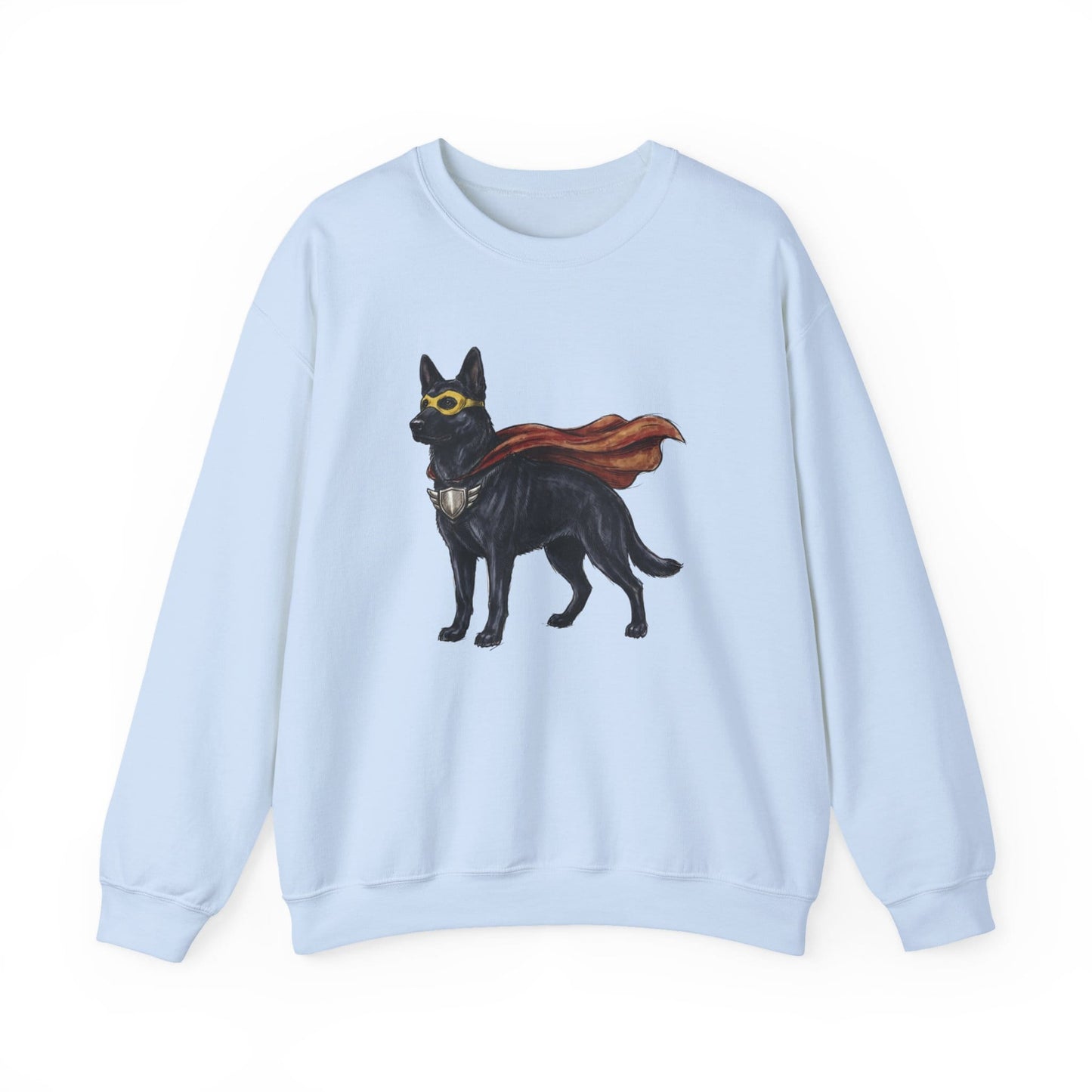 Black German Shepherd Superhero Crewneck Sweatshirt Light Blue