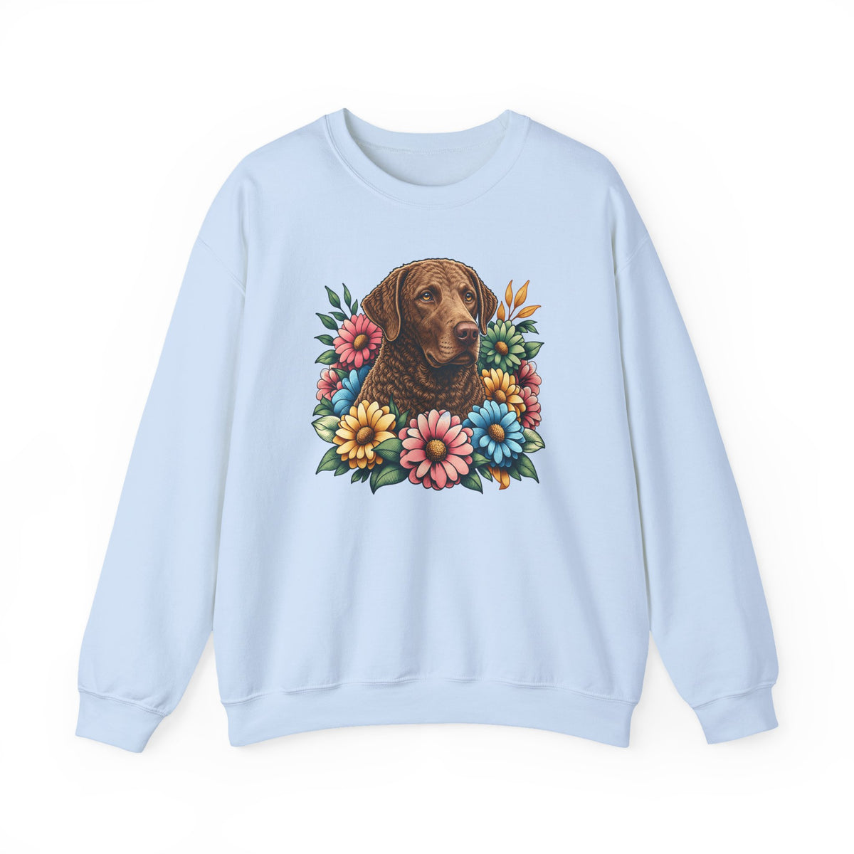 Chesapeake Bay Retriever Flower Wreath Crewneck Sweatshirt Light Blue