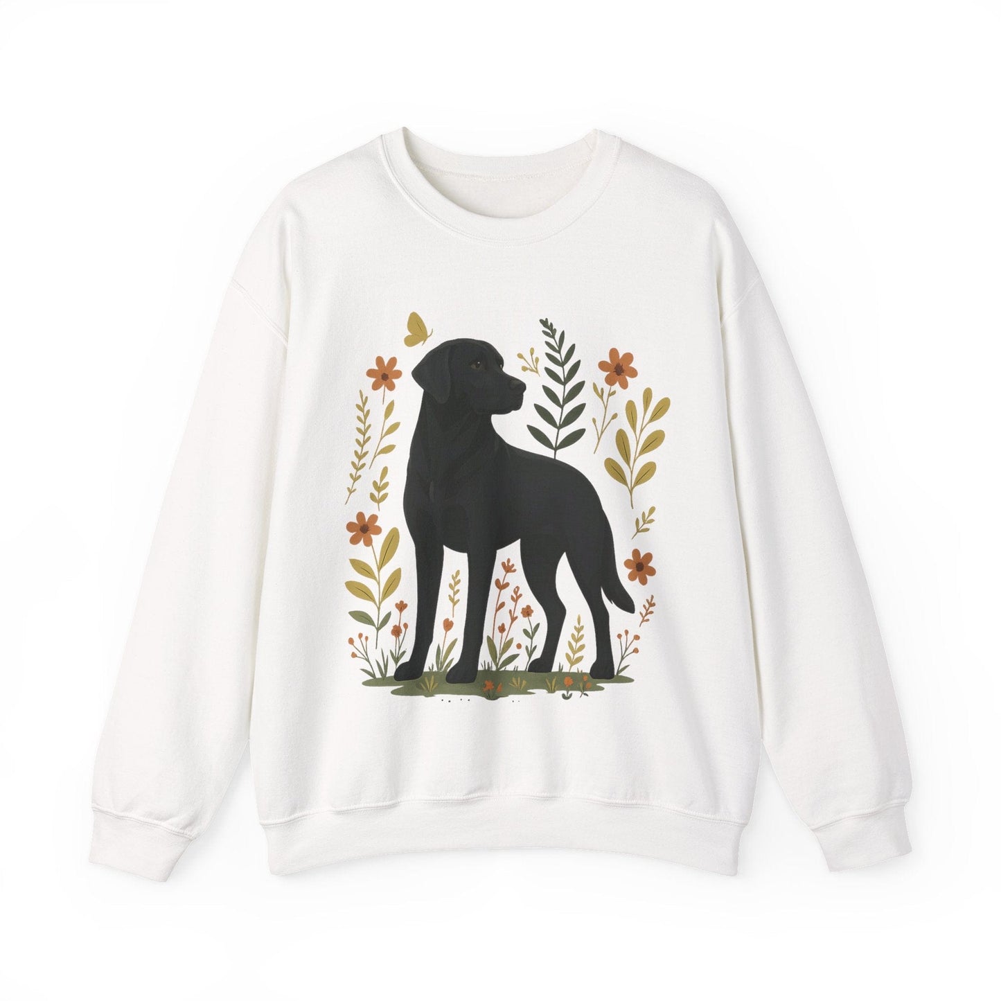 Black Labrador Flowers Crewneck Sweatshirt White