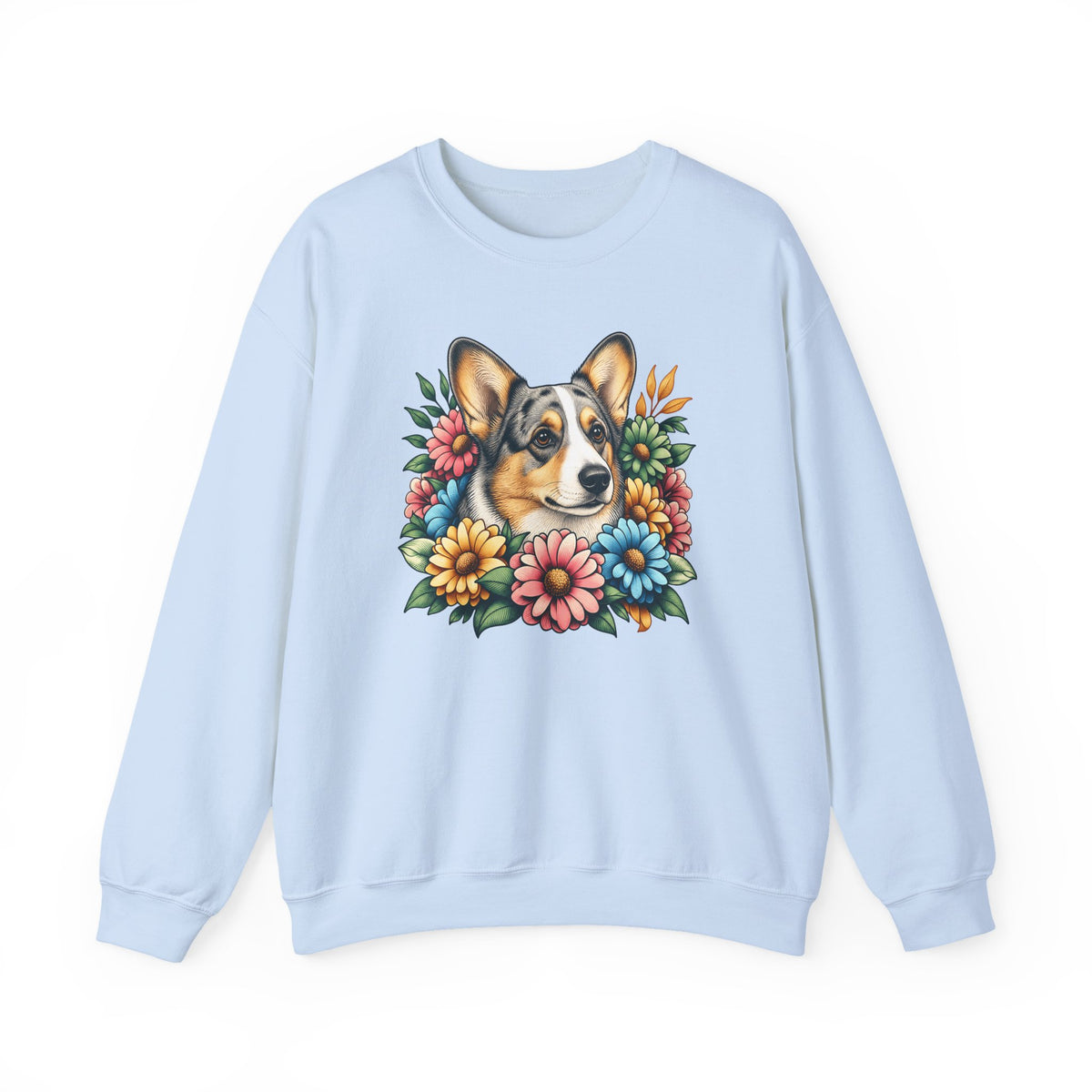 Cardigan Welsh Corgi Blue Merle Flowers Crewneck Sweatshirt Light Blue