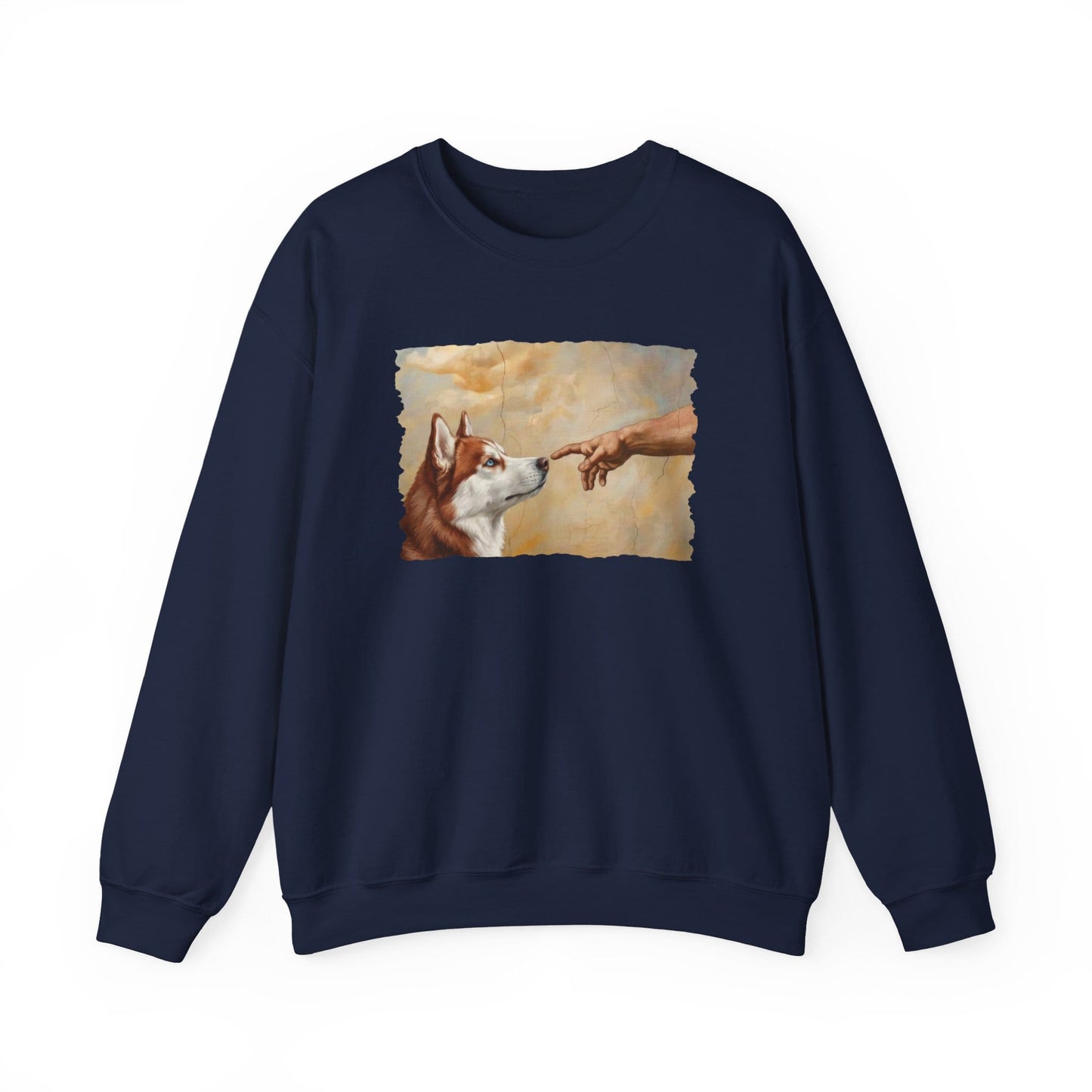 God Creates Red and White Husky Crewneck Sweatshirt Navy