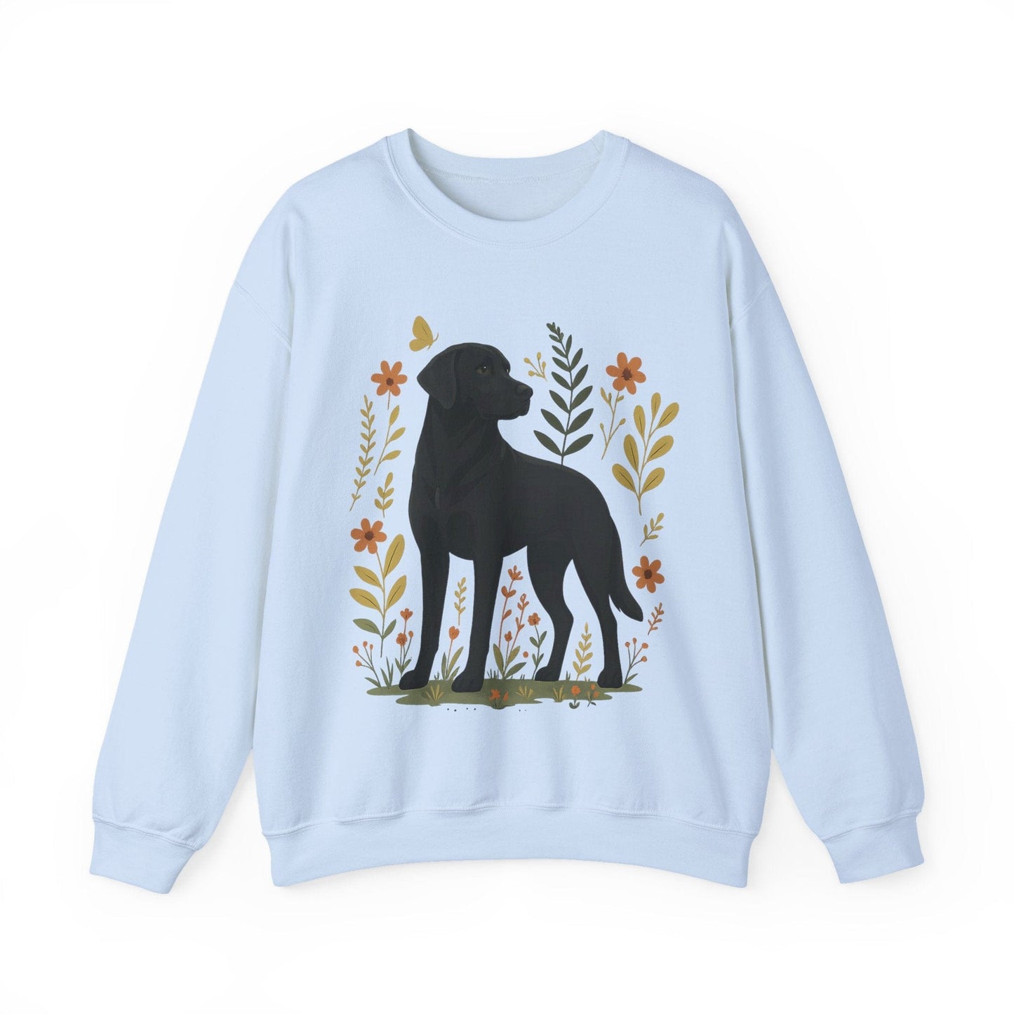 Black Labrador Flowers Crewneck Sweatshirt Light Blue