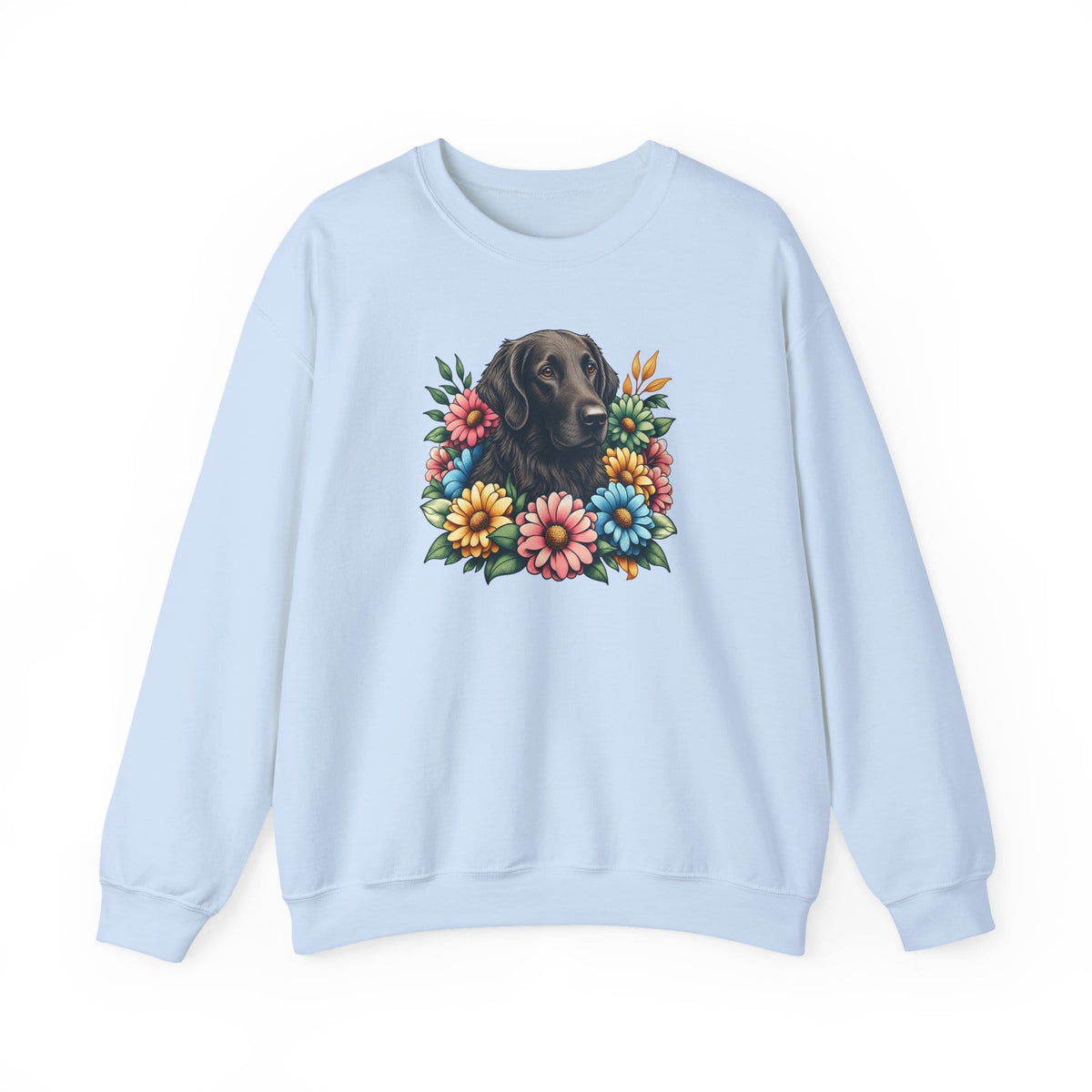Flat Coated Retriever Flower Wreath Crewneck Sweatshirt Light Blue