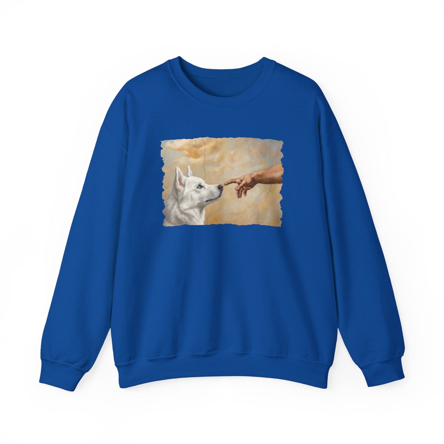 God Creates White Husky Crewneck Sweatshirt Royal
