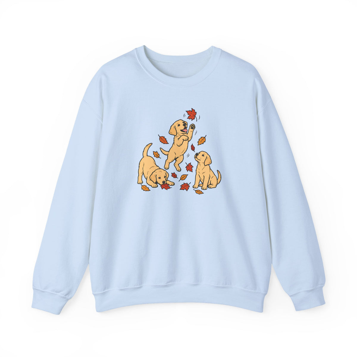 Yellow Labrador Puppies Fall Leaves Crewneck Sweatshirt Light Blue