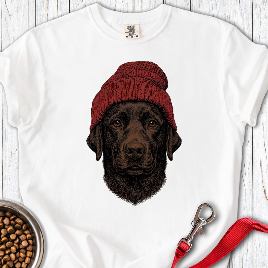 Chocolate Labrador Red Beanie Premium Tee White