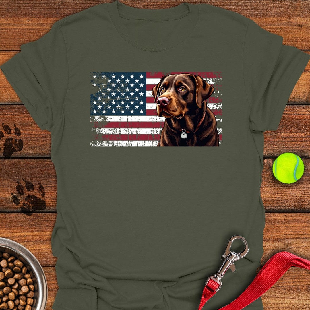 Chocolate Labrador USA Flag T-Shirt Military Green