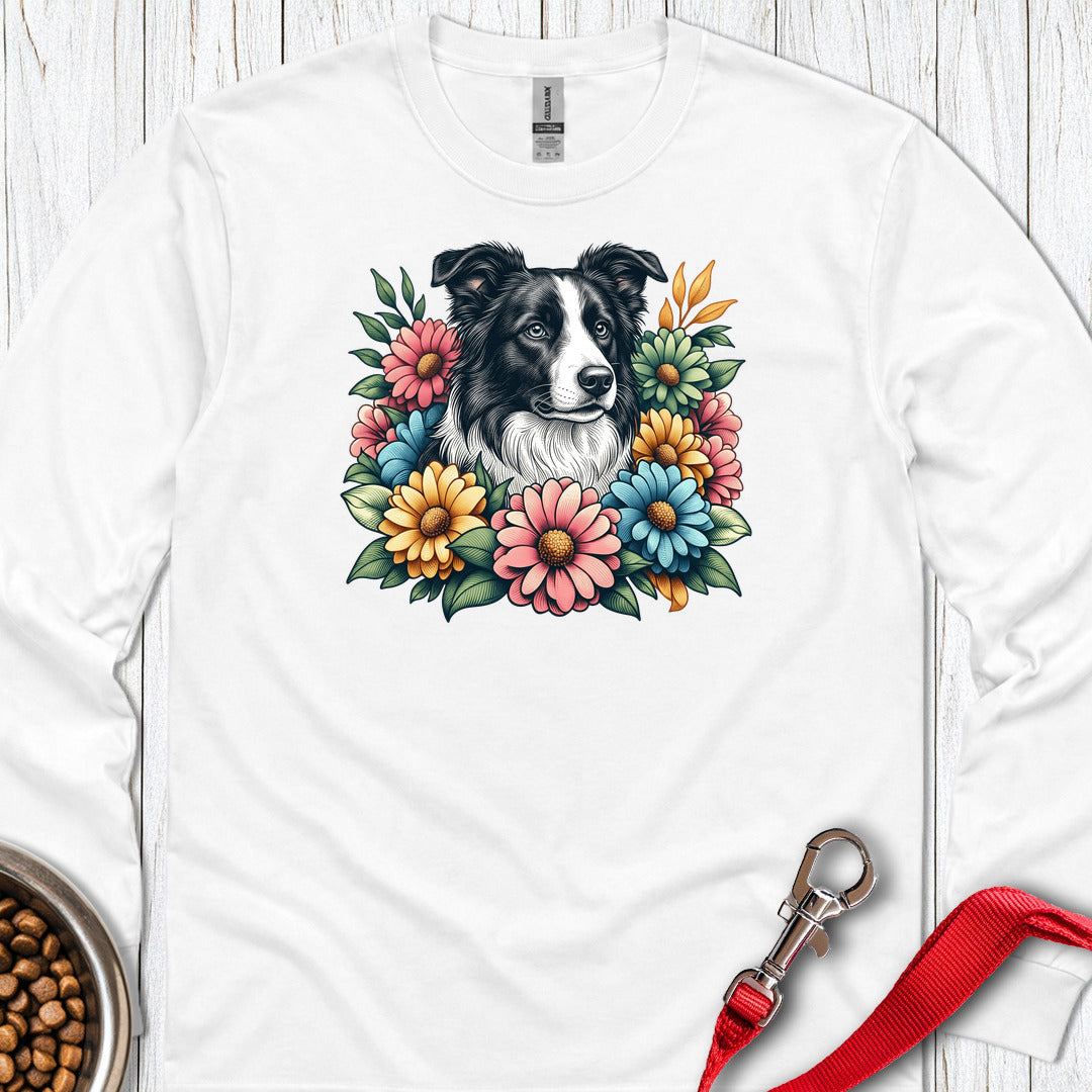 Border Collie Flowers Long Sleeve — White