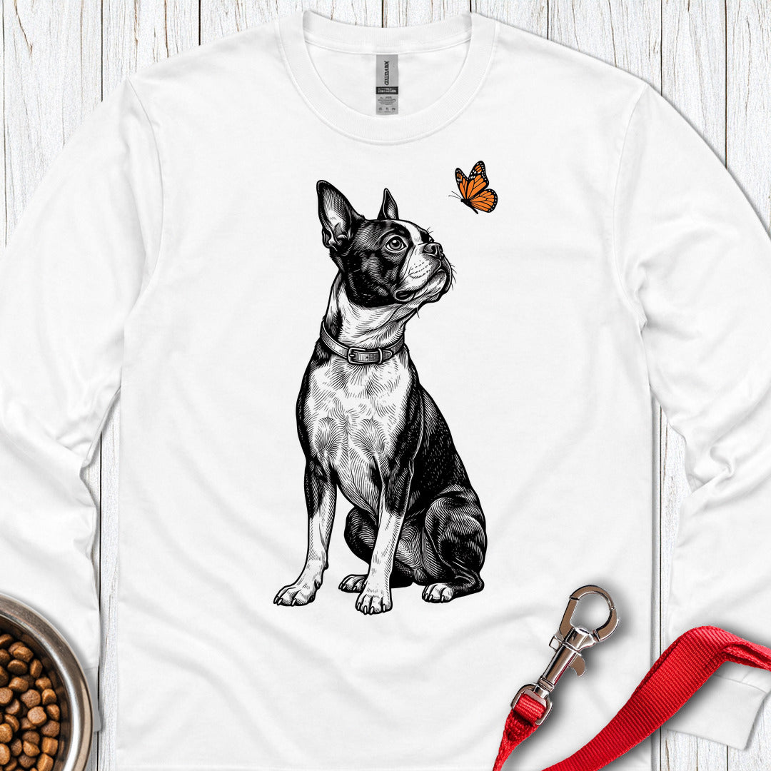 Boston Terrier Butterfly Long Sleeve — White