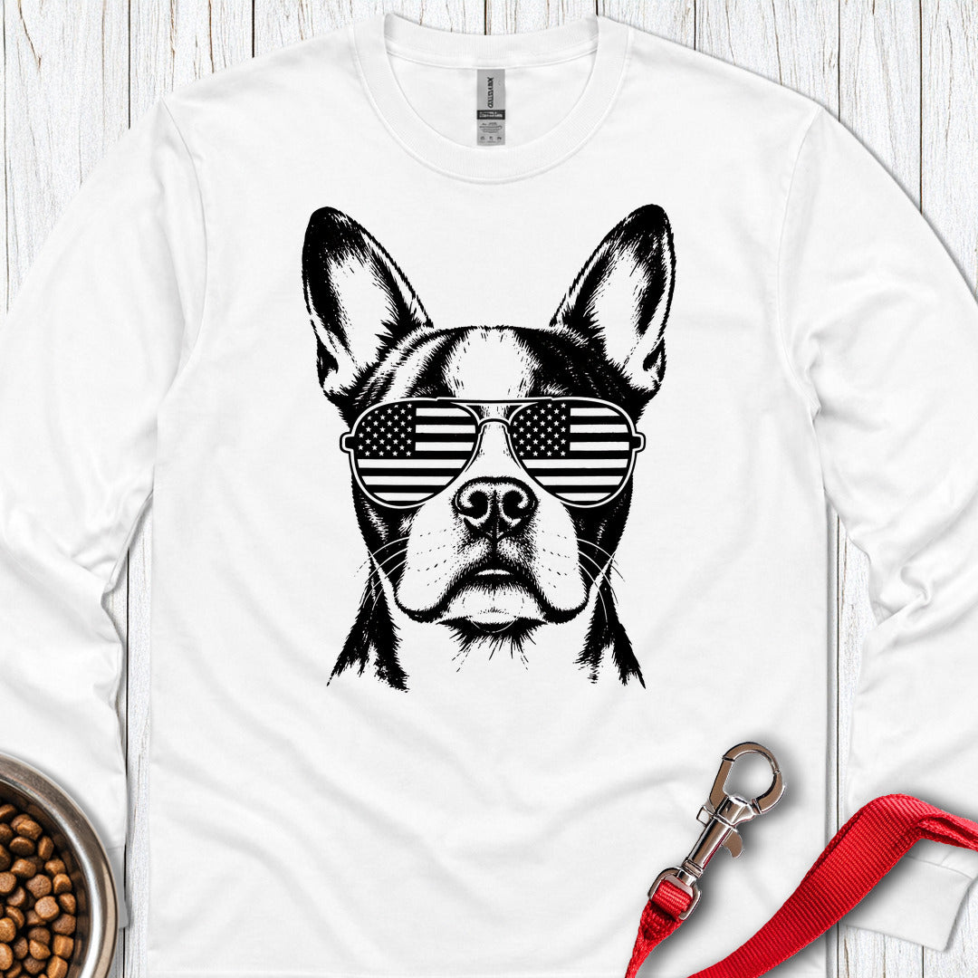 Boston Terrier Flag Shades Long Sleeve — White