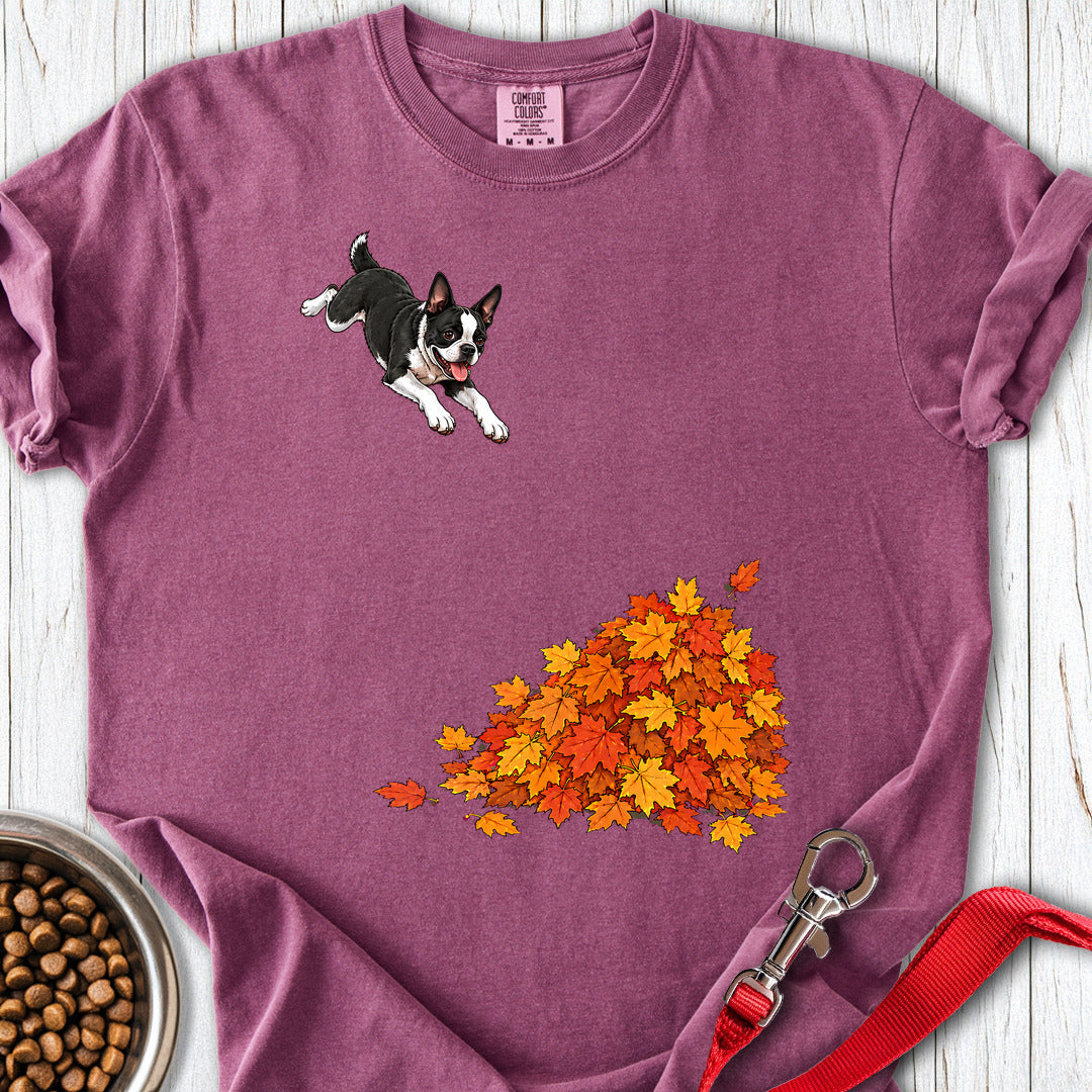 Boston Terrier Leaf Pile Premium Tee — Berry