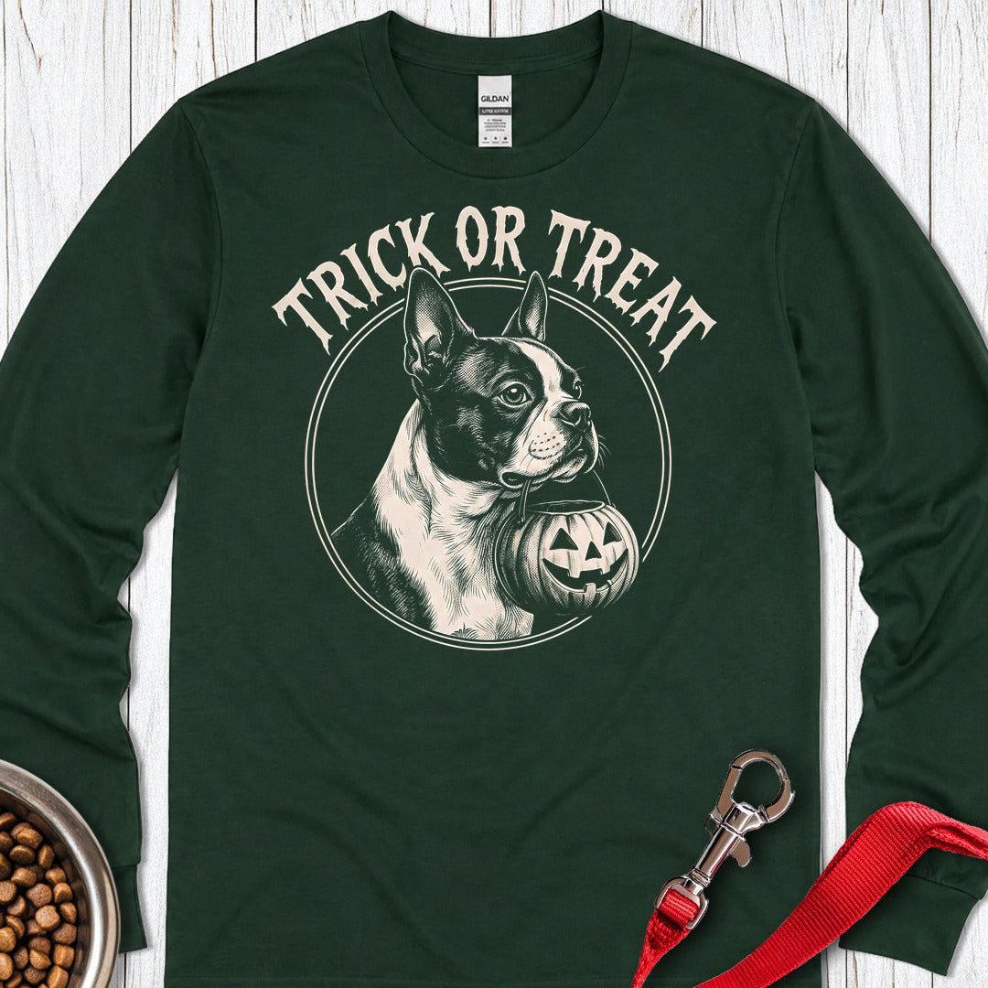 Boston Terrier Trick Or Treat Long Sleeve — Forest Green