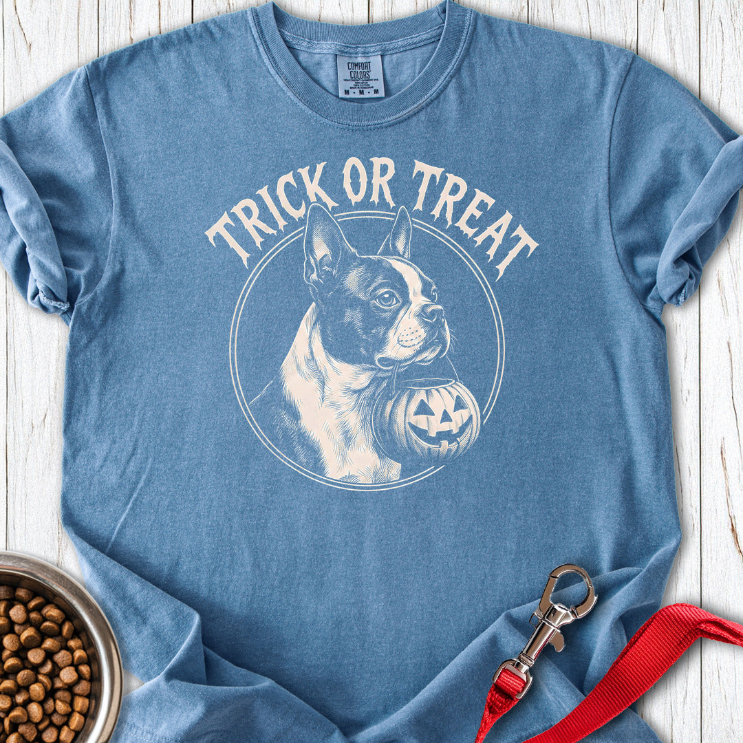 Boston Terrier Trick Or Treat Premium Tee — Blue Jean