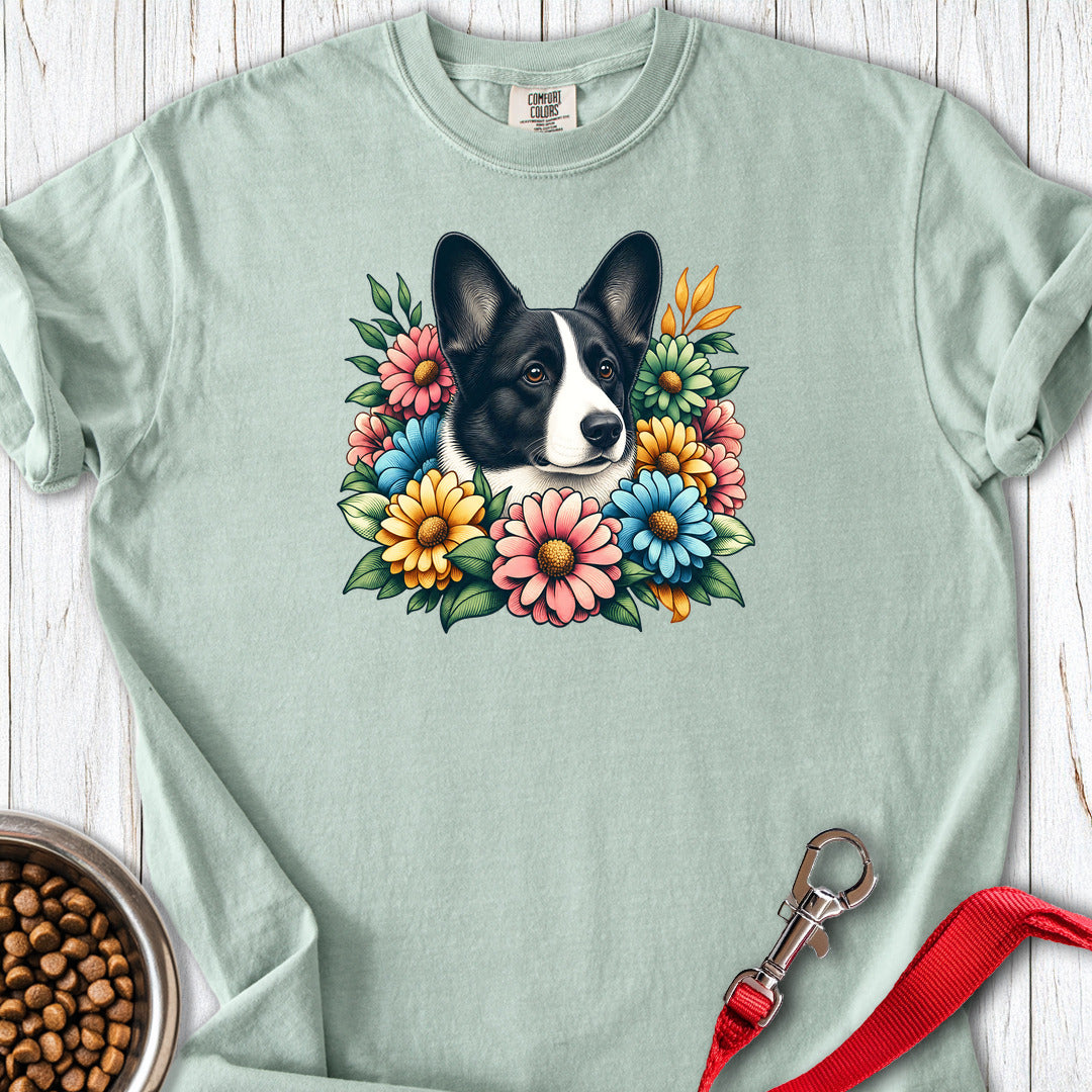 Cardigan Welsh Corgi Black And White Flower Wreath Premium Tee — Bay