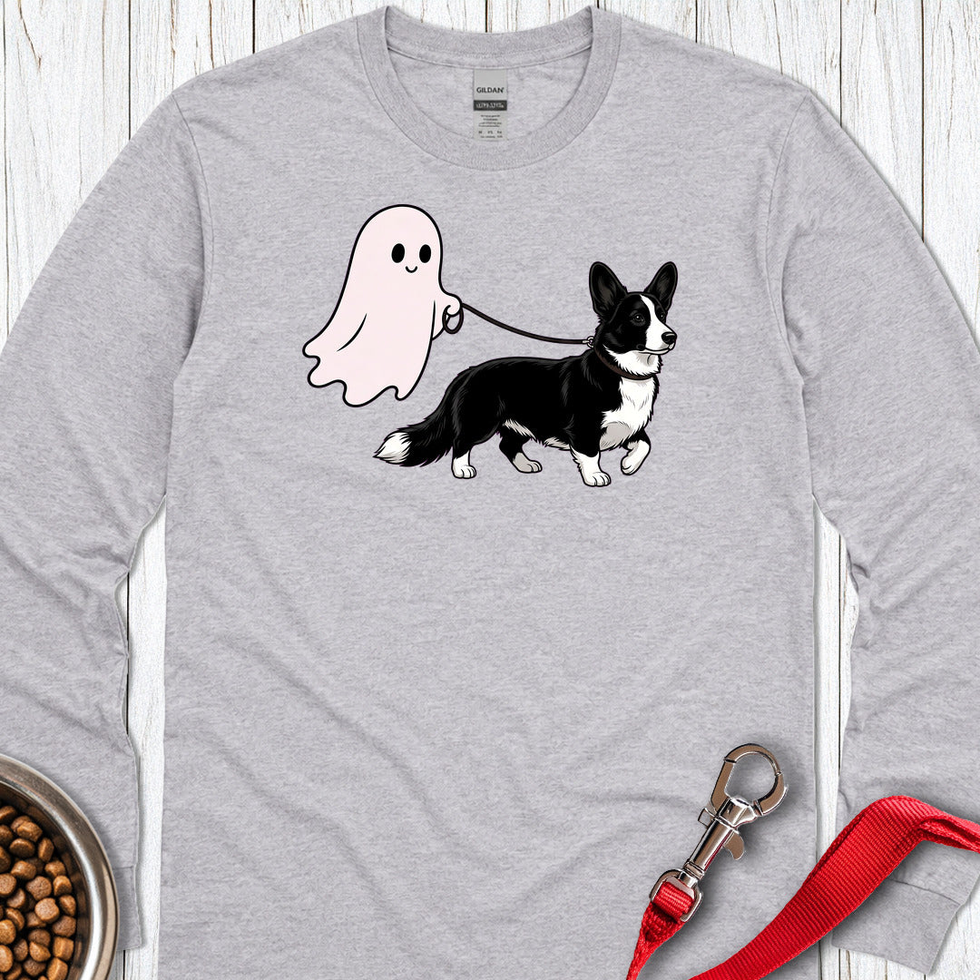 Cardigan Welsh Corgi Black And White Ghost Walk Long Sleeve — Sport Grey