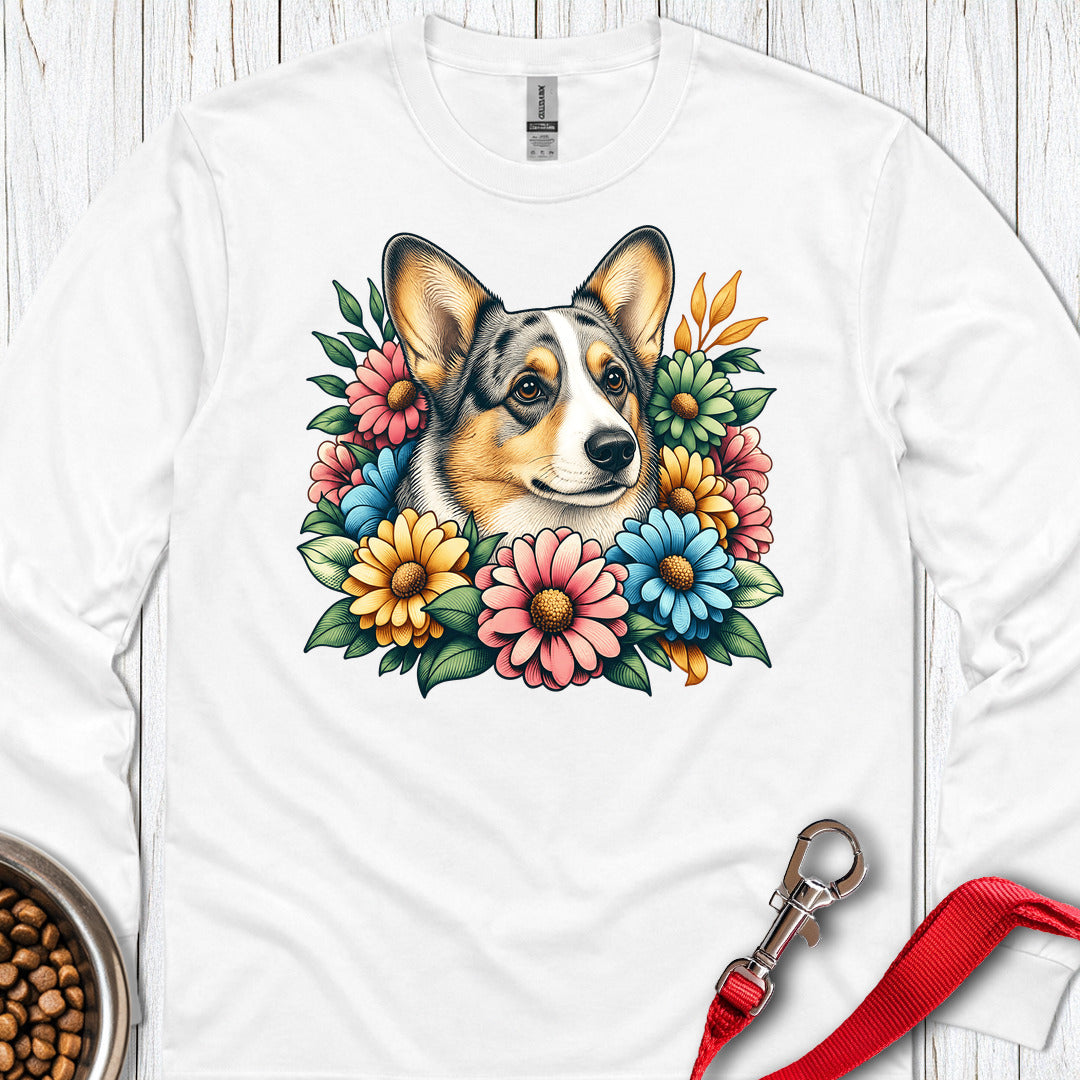 Cardigan Welsh Corgi Blue Merle Flowers Long Sleeve White