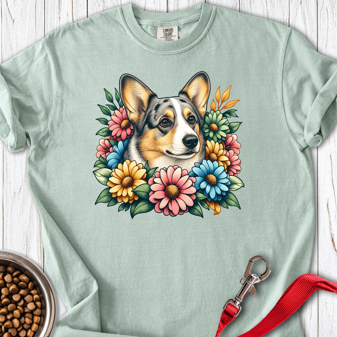 Cardigan Welsh Corgi Blue Merle Flowers Premium Tee — Bay