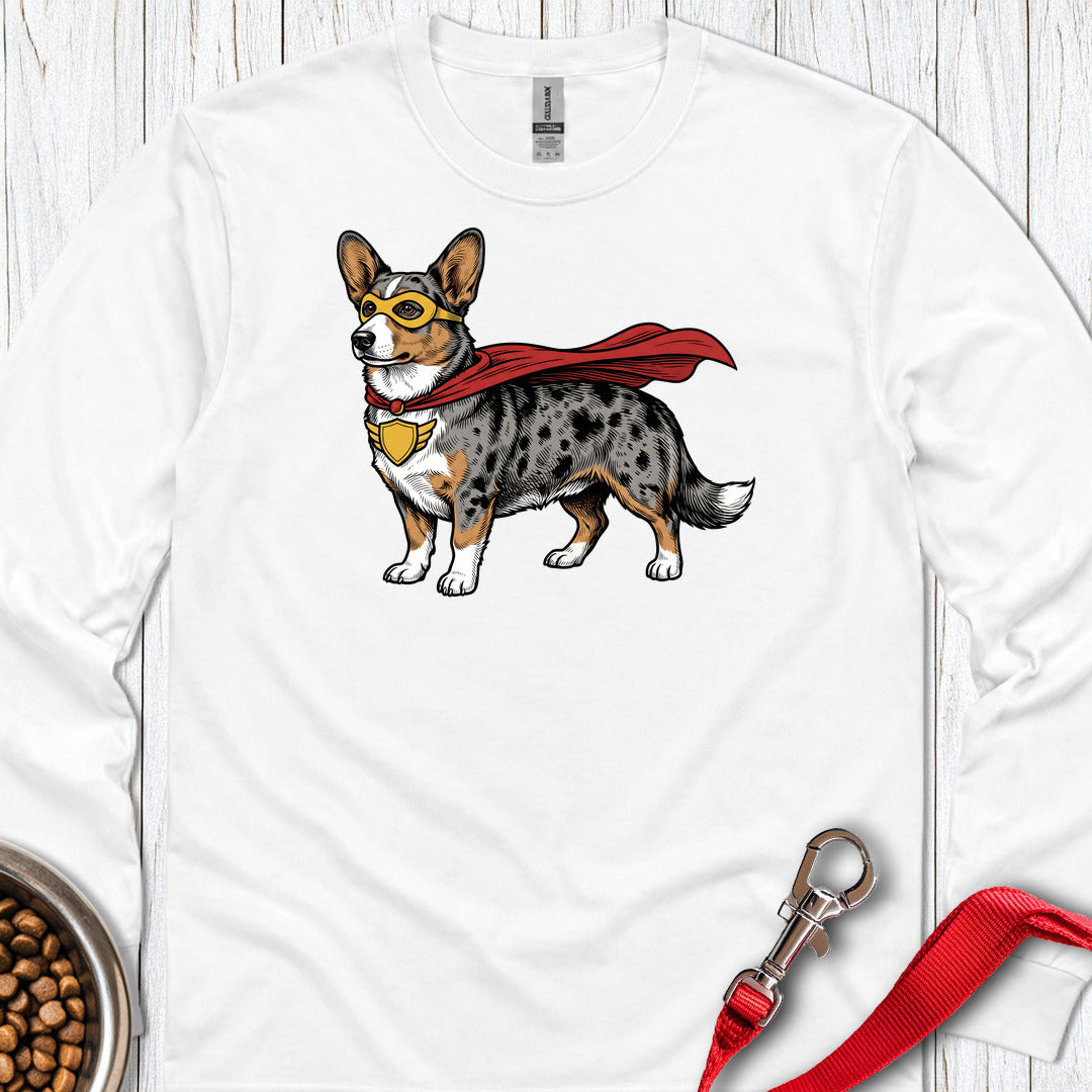 Cardigan Welsh Corgi Blue Merle Superhero Long Sleeve White