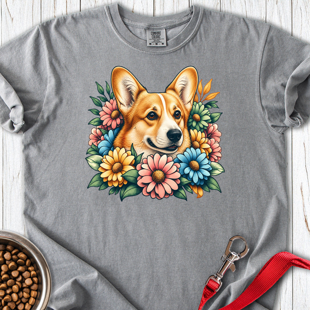 Cardigan Welsh Corgi Red Flowers Premium Tee — Grey