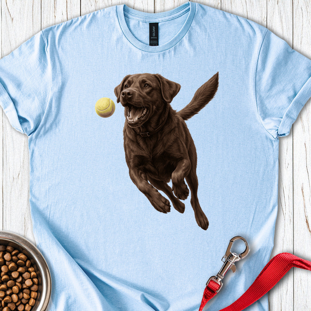 Chocolate Labrador Running Light Blue
