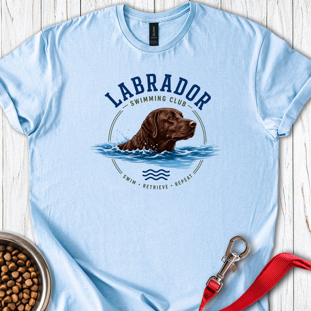 Chocolate Labrador Swimming Light Blue