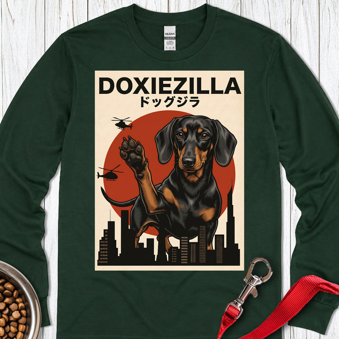Dachshund Doxiezilla Black Long Sleeve — Forest Green