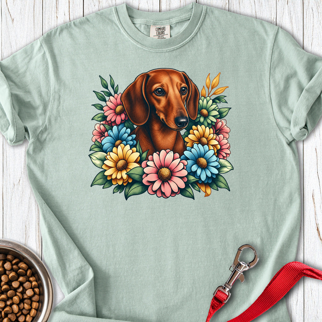 Dachshund Flower Wreath Premium Tee — Bay
