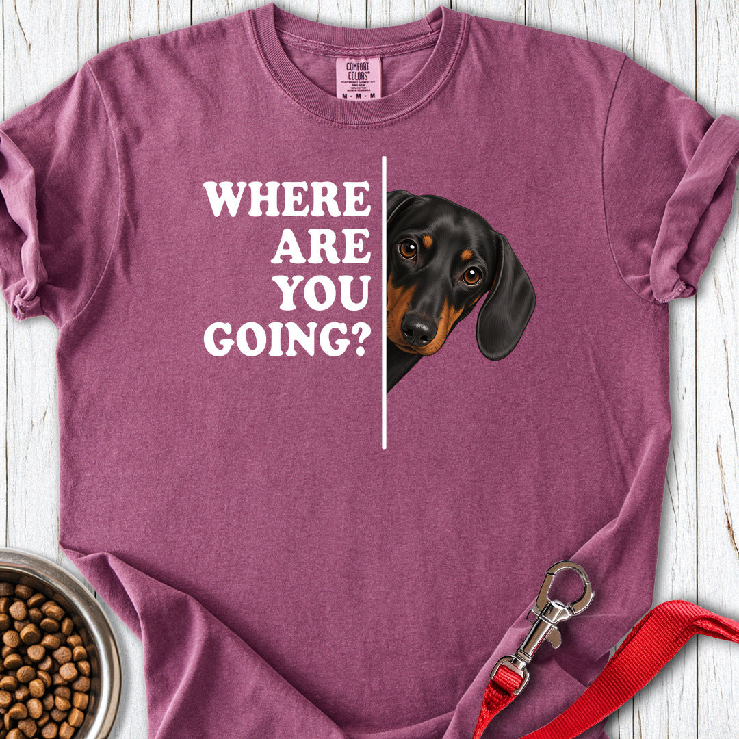 Dachshund Where Are You Going Black and Tan Premium Tee — Berry