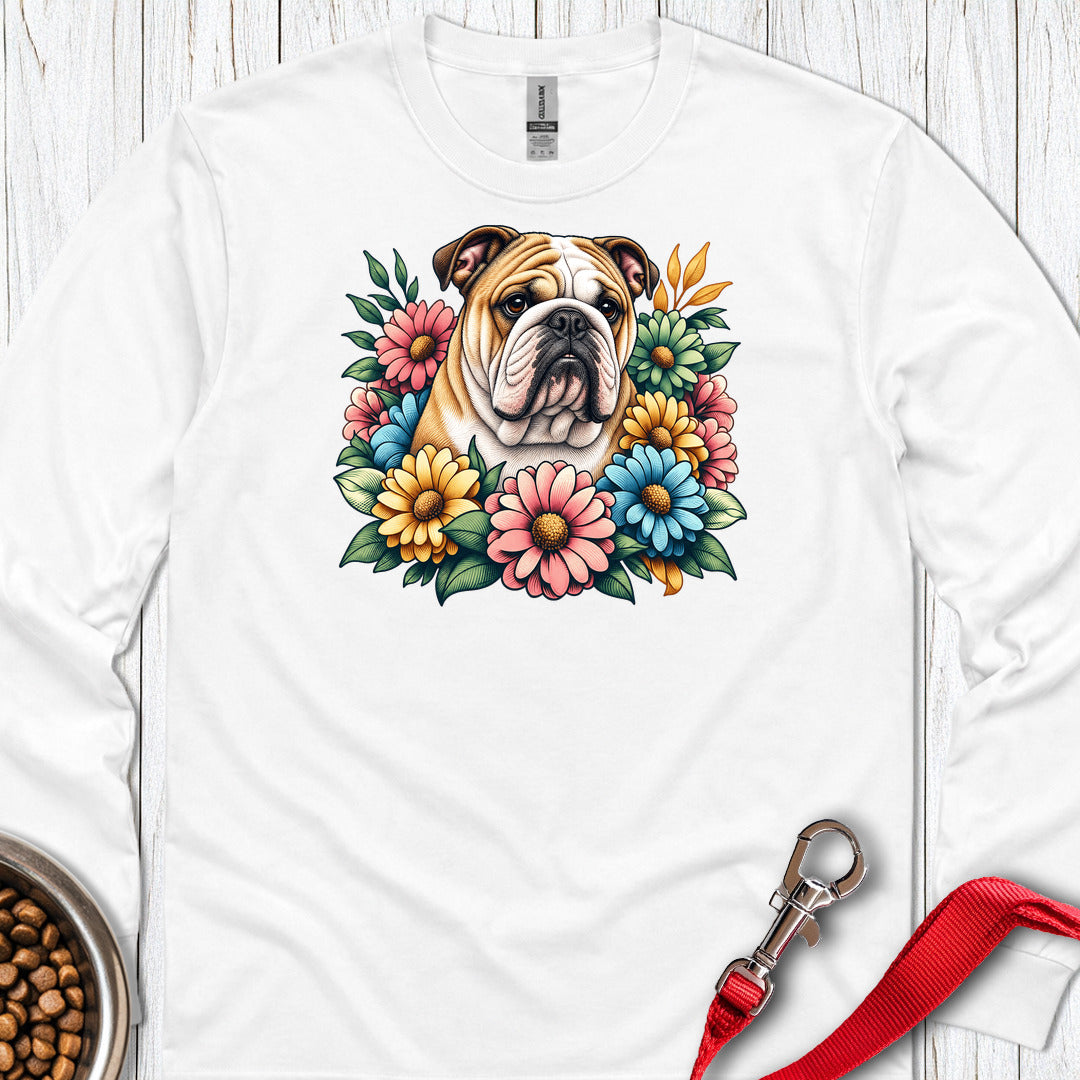English Bulldog Flower Wreath Long Sleeve White
