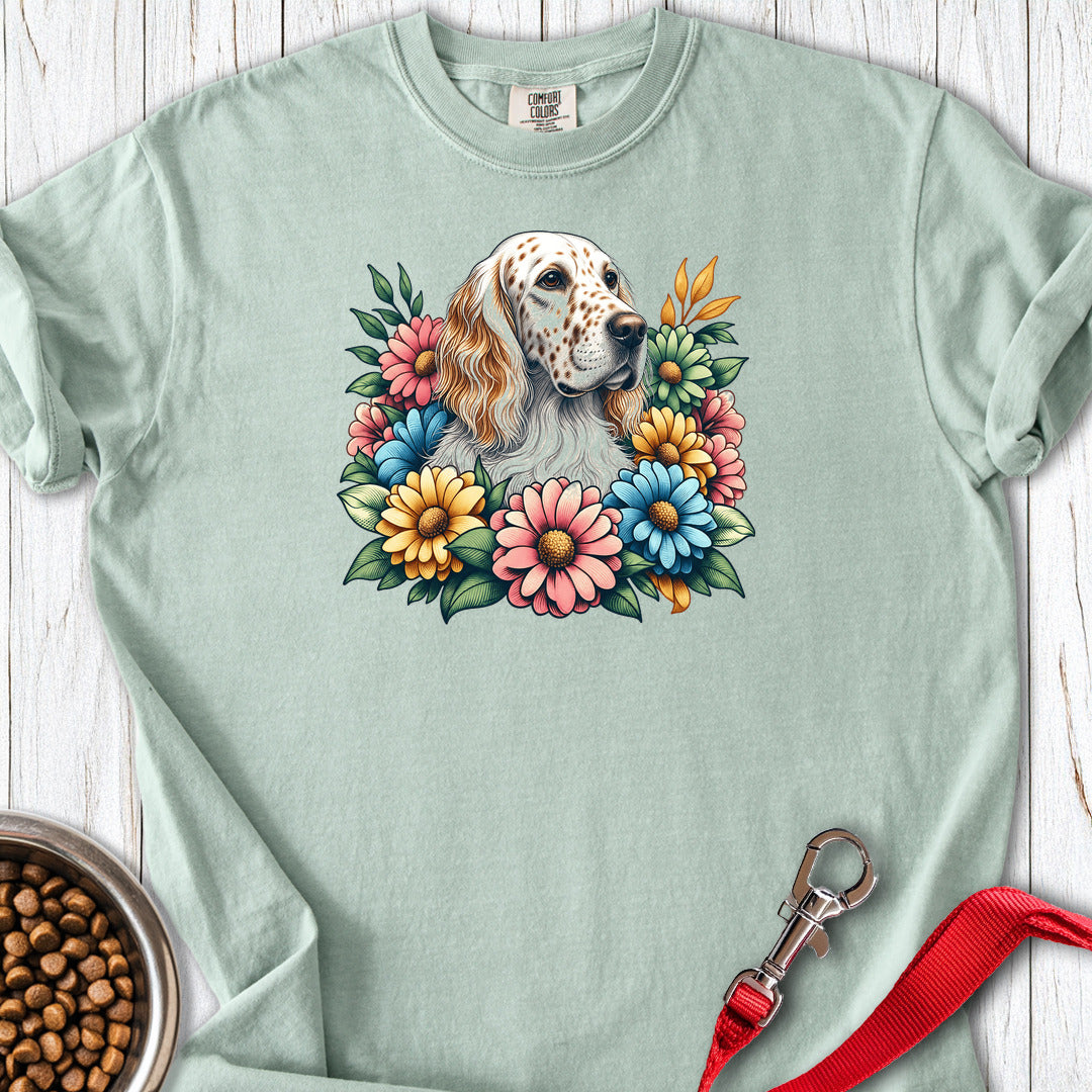 English Setter Flower Wreath Premium Tee — Bay