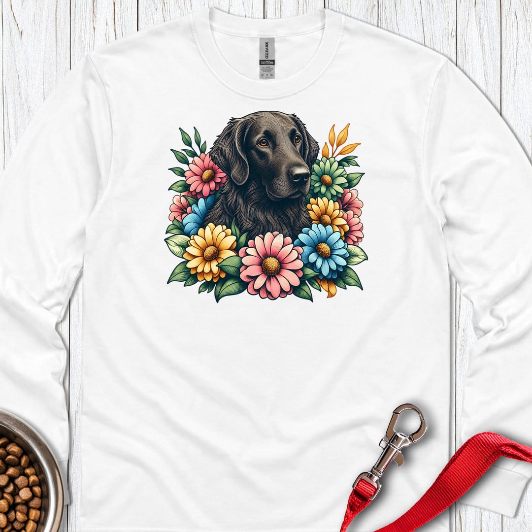 Flat Coated Retriever Flower Wreath Long Sleeve White