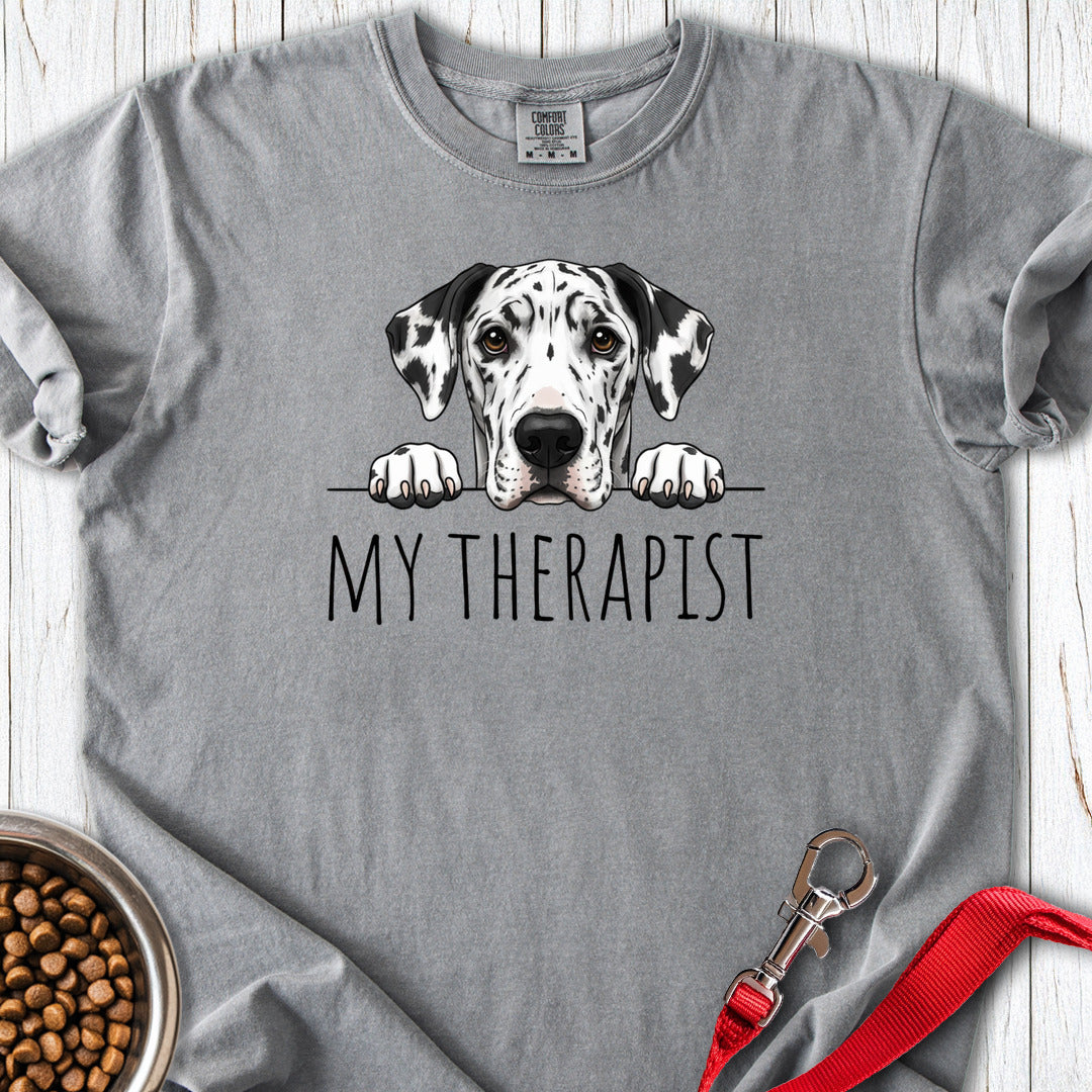 Harlequin Great Dane My Therapist Premium Tee — Grey