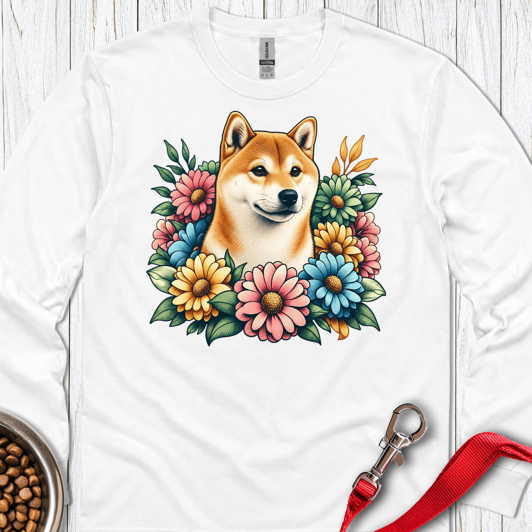 Shiba Inu Flower Wreath Long Sleeve — White