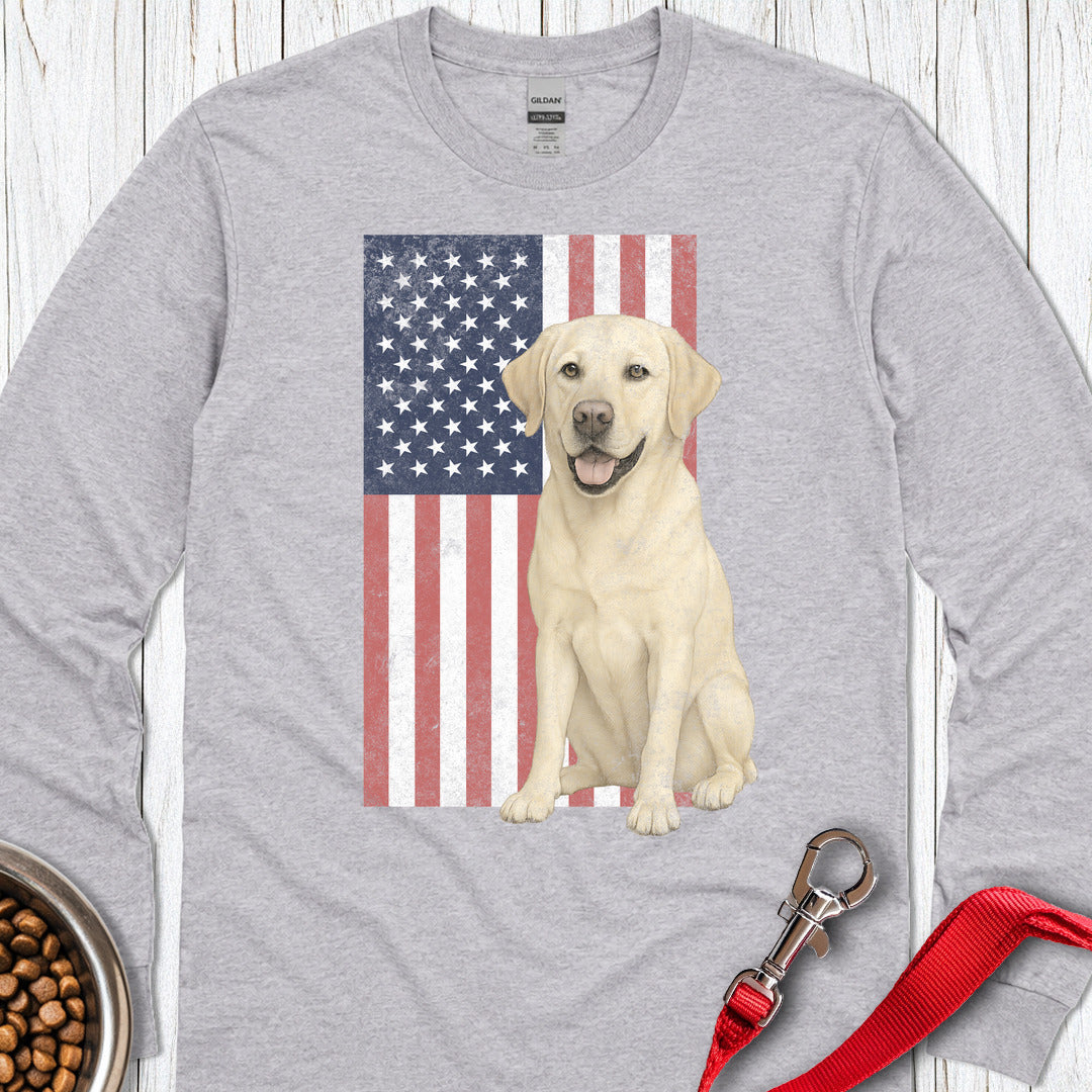 Yellow Labrador USA Flag Faded Long Sleeve — Sport Grey