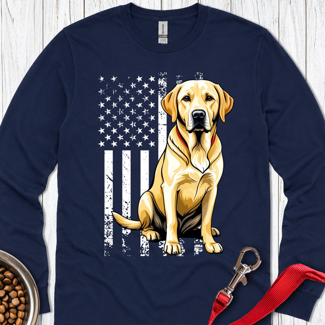 Yellow Labrador USA Flag Long Sleeve — Navy