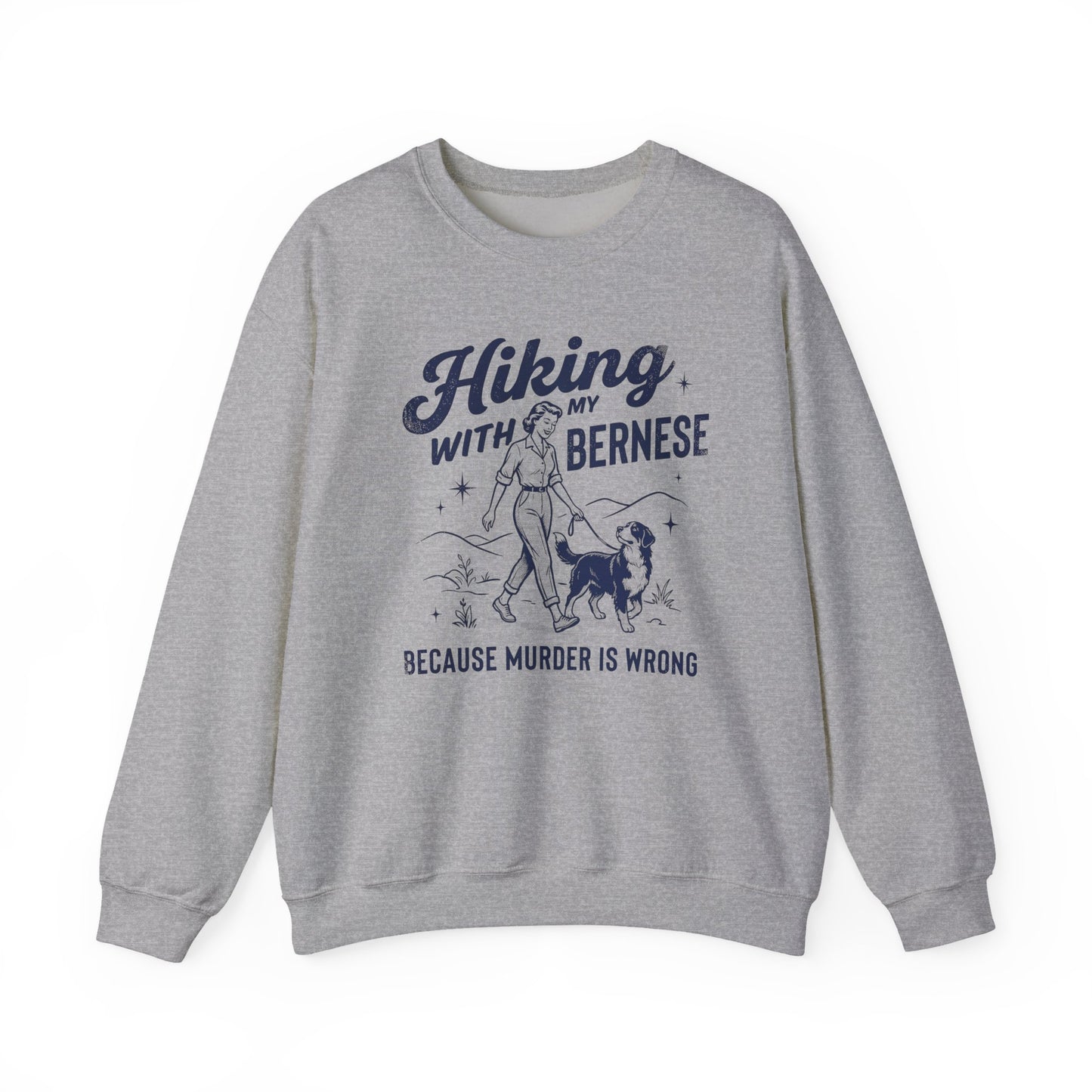 Hiking With My Bernese Mountain Dog Crewneck Sweatshirt Sport Grey