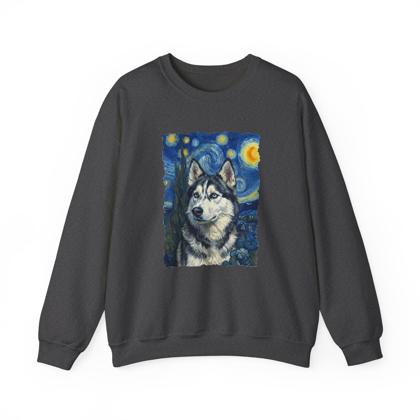 Husky Portrait Van Gogh Crewneck Sweatshirt Dark Heather