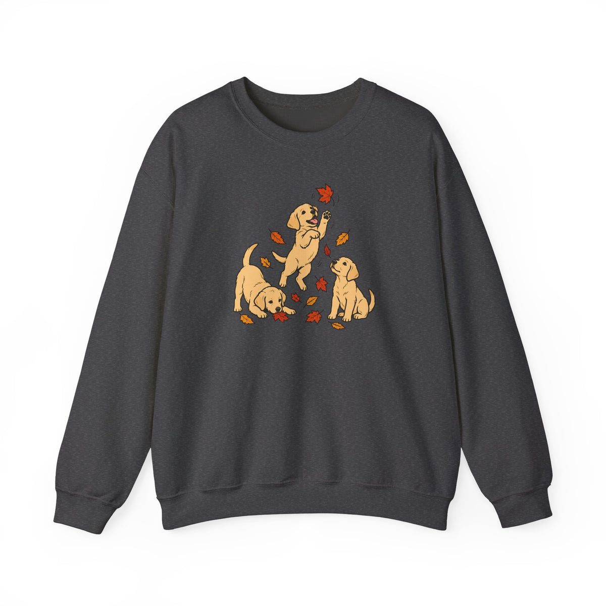 Yellow Labrador Puppies Fall Leaves Crewneck Sweatshirt - Dark Dark Heather