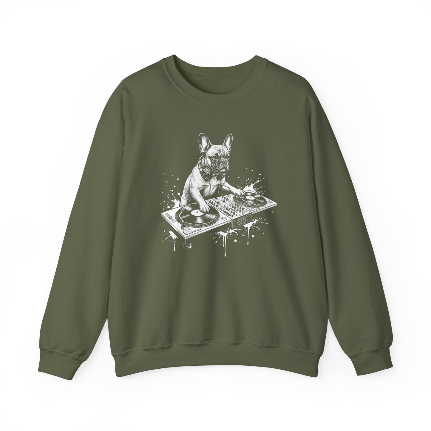 French Bulldog DJ Crewneck Sweatshirt Military Green