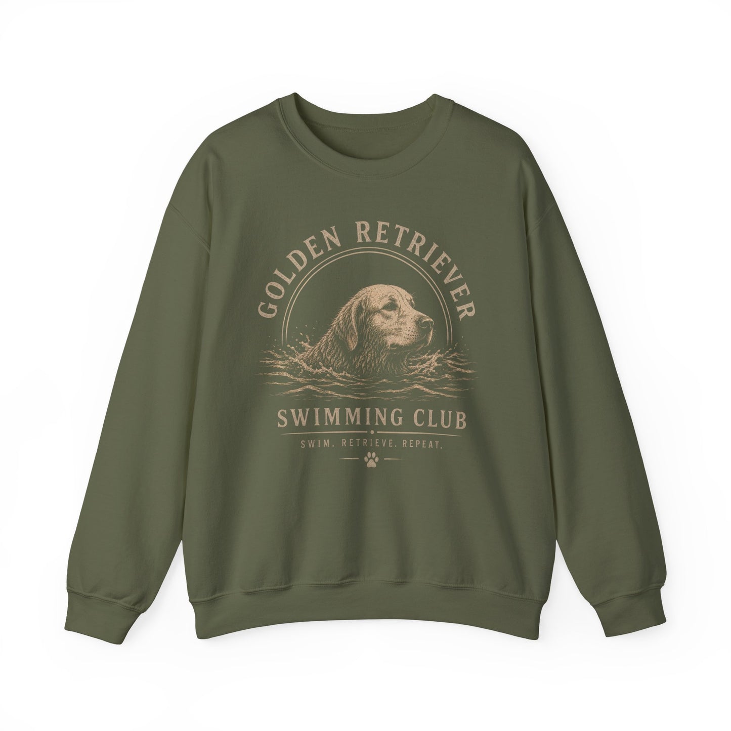 Golden Retriever Swimming Club Crewneck Sweatshirt Military Green