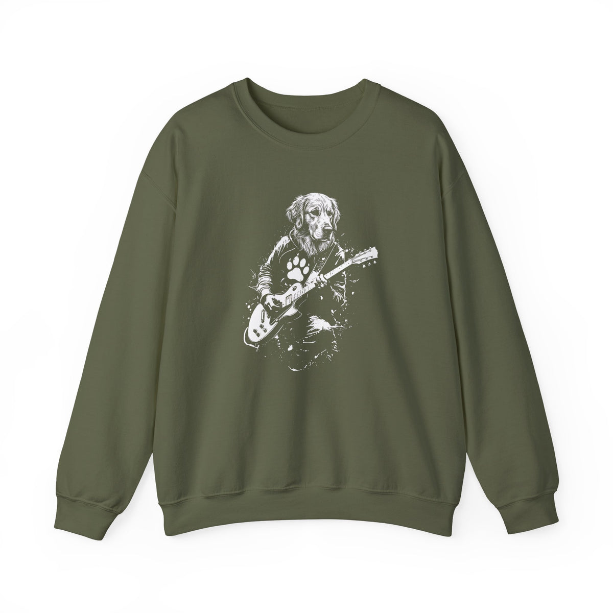 Golden Retriever Guitar Crewneck Sweatshirt Military Green