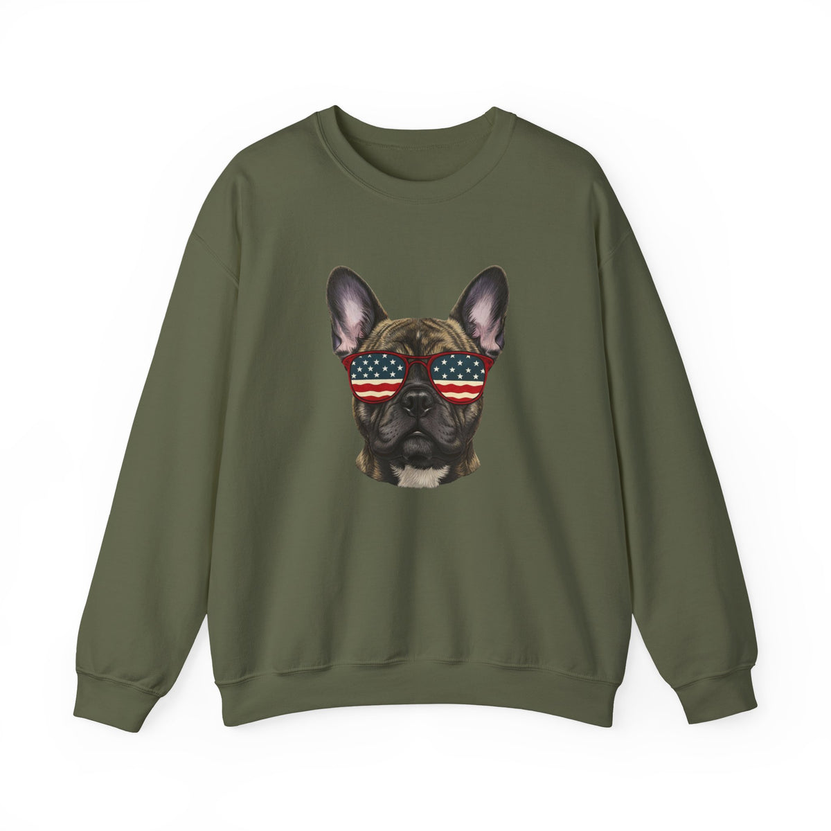 French Bulldog USA Glasses Crewneck Sweatshirt Military Green