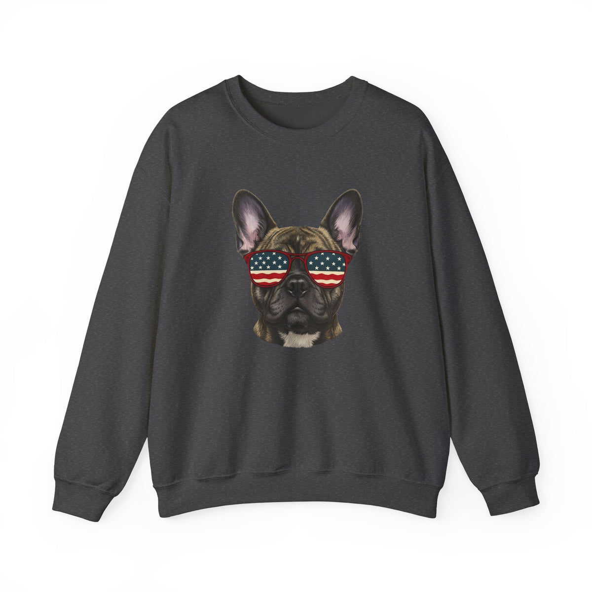French Bulldog USA Glasses Crewneck Sweatshirt Dark Heather