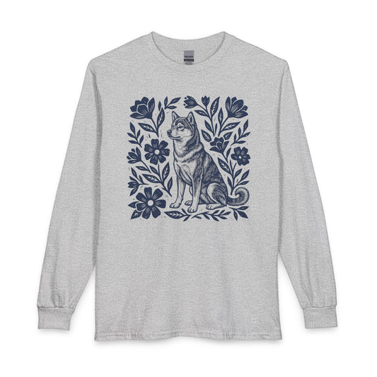 Shiba Inu Linocut Long Sleeve Sport Grey