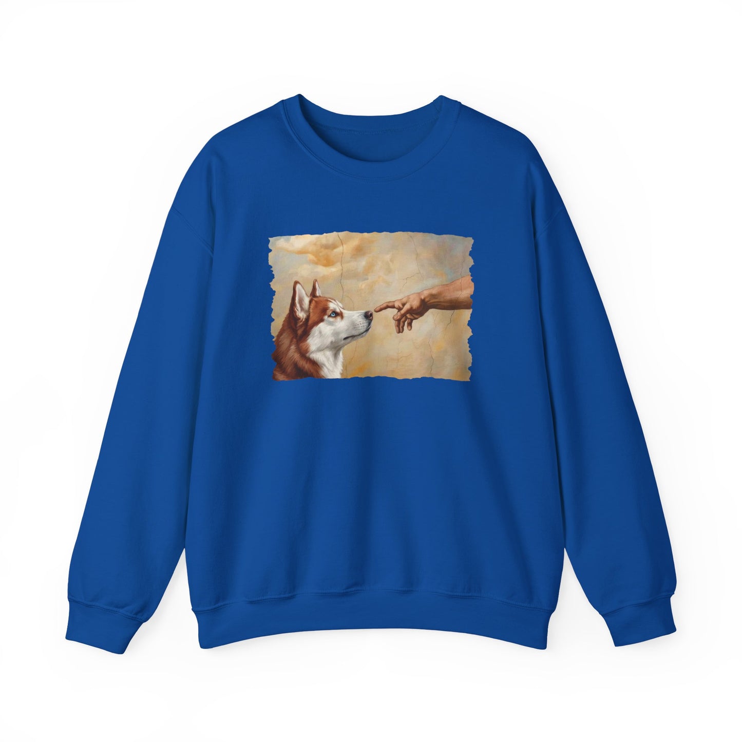 God Creates Red and White Husky Crewneck Sweatshirt Royal
