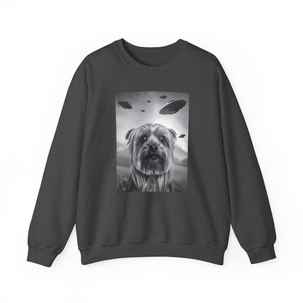 Yorkshire Terrier UFO Crewneck Sweatshirt Dark Heather
